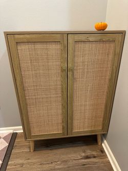 Wood and Cane Cabinet with Double Doors