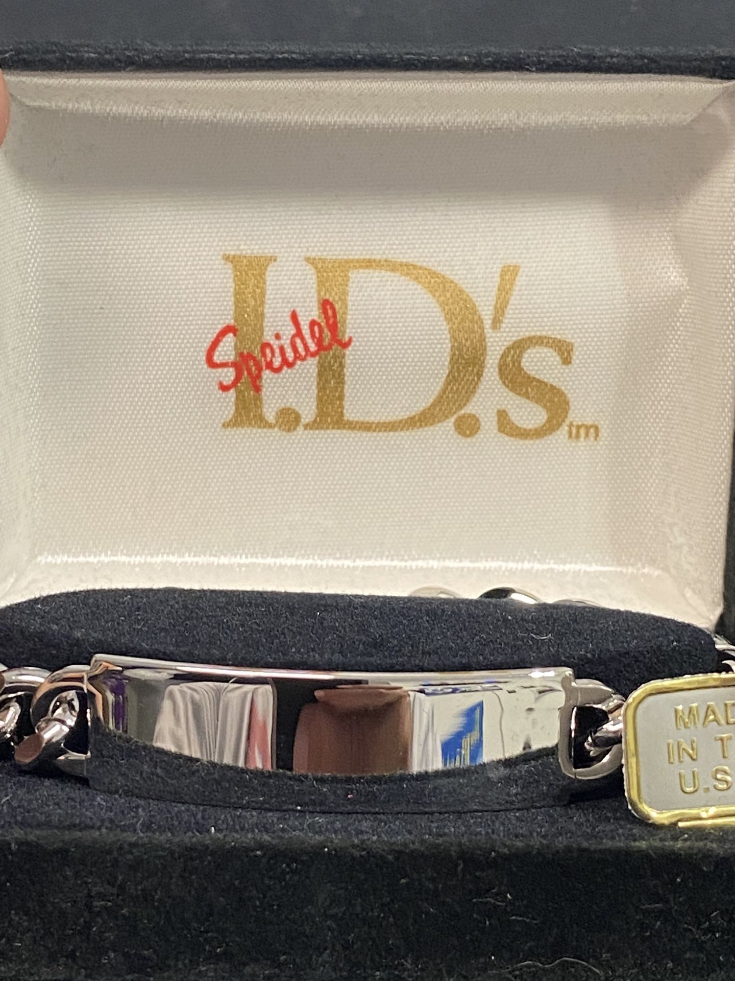 Vintage SPEIDEL USA ID Bracelet. Silver Tone Miami Curb Link Chain Personalized Engravable ID Bracelet. 8” length