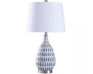 Stylecraft 28 in. Off-White/Blue Table Lamp with Off White Hardback Fabric Shade