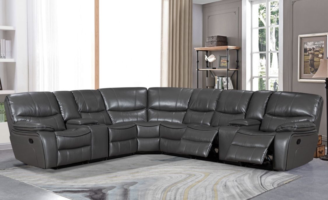 Black Friday sale. Madrid, gray leather reclining sofa and loveseat set only $1799. Easy finance option. Same day delivery.
