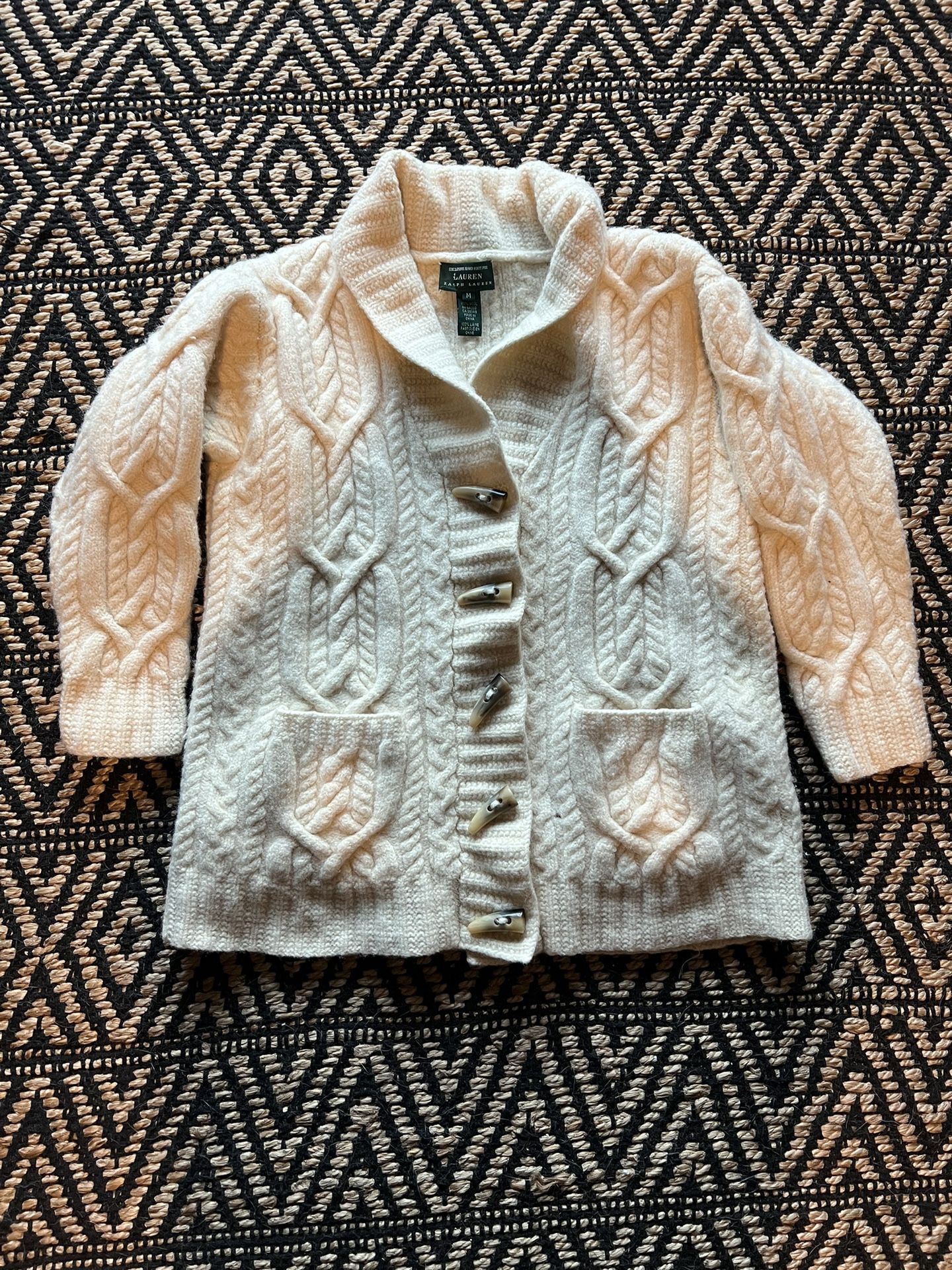 Vintage Ralph Lauren Hand Knit Aran Wool Cardigan Sweater - Cream / Ivory