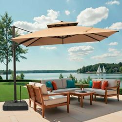 Crestlive Products 10-ft Aluminum Tan Crank Cantilever Patio Umbrella with Base, solar lights and speaker