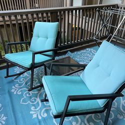 Patio Furniture Set - 2x Large Rocking Chairs & Small Table - Aqua/Black - Marina Del Rey