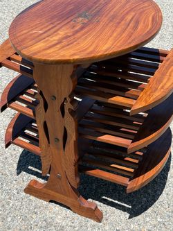 Rare vintage Walnut Wood Magazine Tree Table features intricate peacock fretwork