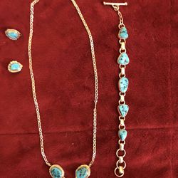 Three Piece Turquoise, Necklace Bracelet, And Clip On Earrings