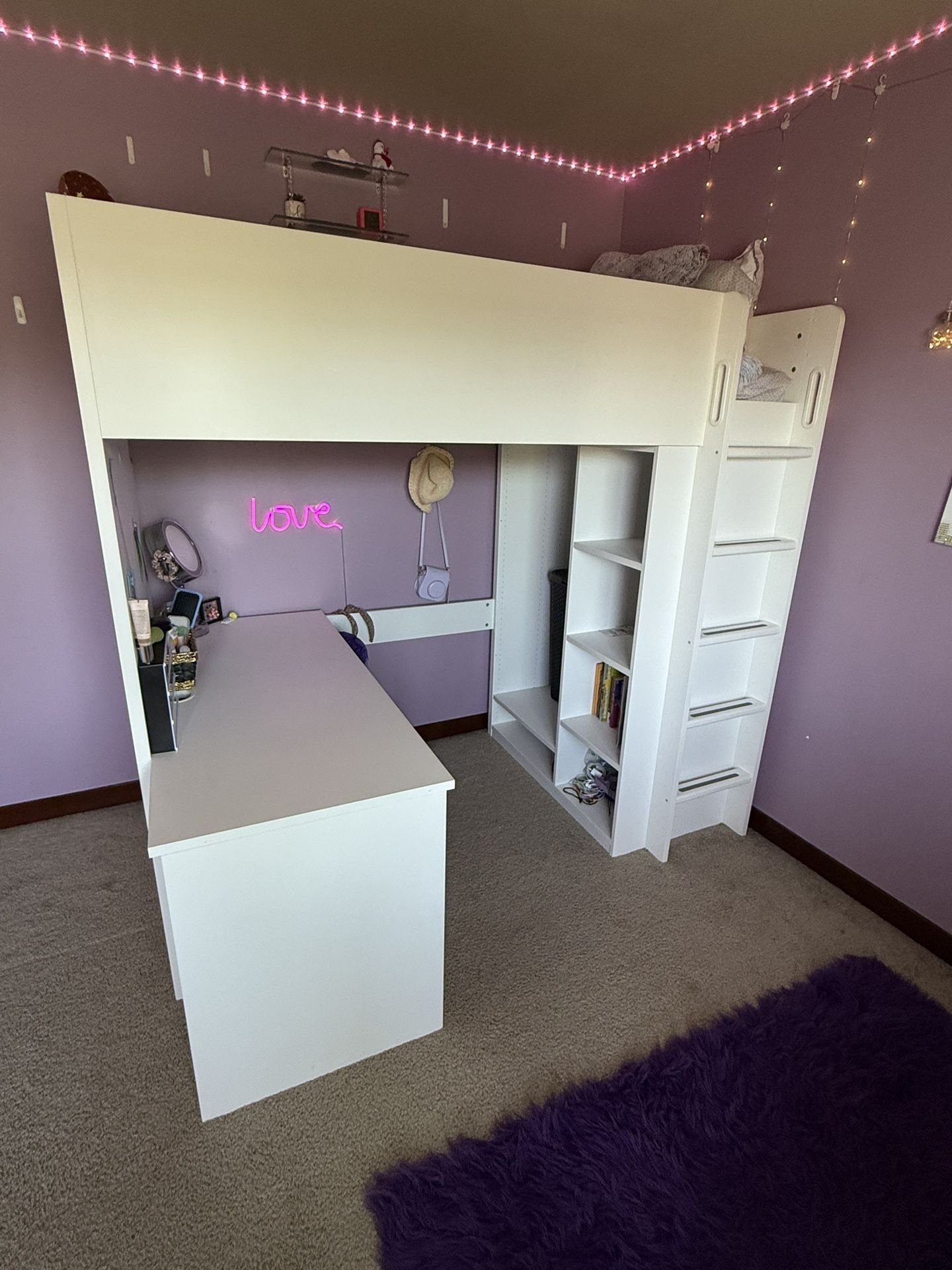 Loft bed frame, desk and storage, white, Twin