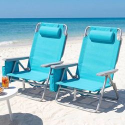 Folding Backpack Beach Chair for Adults with 5-Position Lay Flat Breathable Teslin Fabric, with Cooler Pouch, Storage Bag, Towel Bar, Foot Mat, Headre
