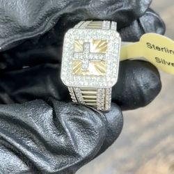 Ring Iced Out Jesus Cross Gold Plated 925 Sterling Silver Brand New Ring