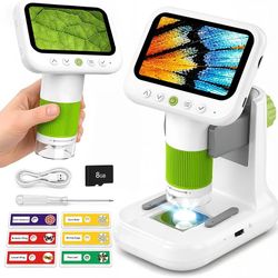 Kids Microscope with 1080P 4.3" Screen, 2-in-1 Desktop/Handheld Microscope 1000X Microscope for Kids with 6 Slides, Photo/Video Capture, 8 LED Lights,