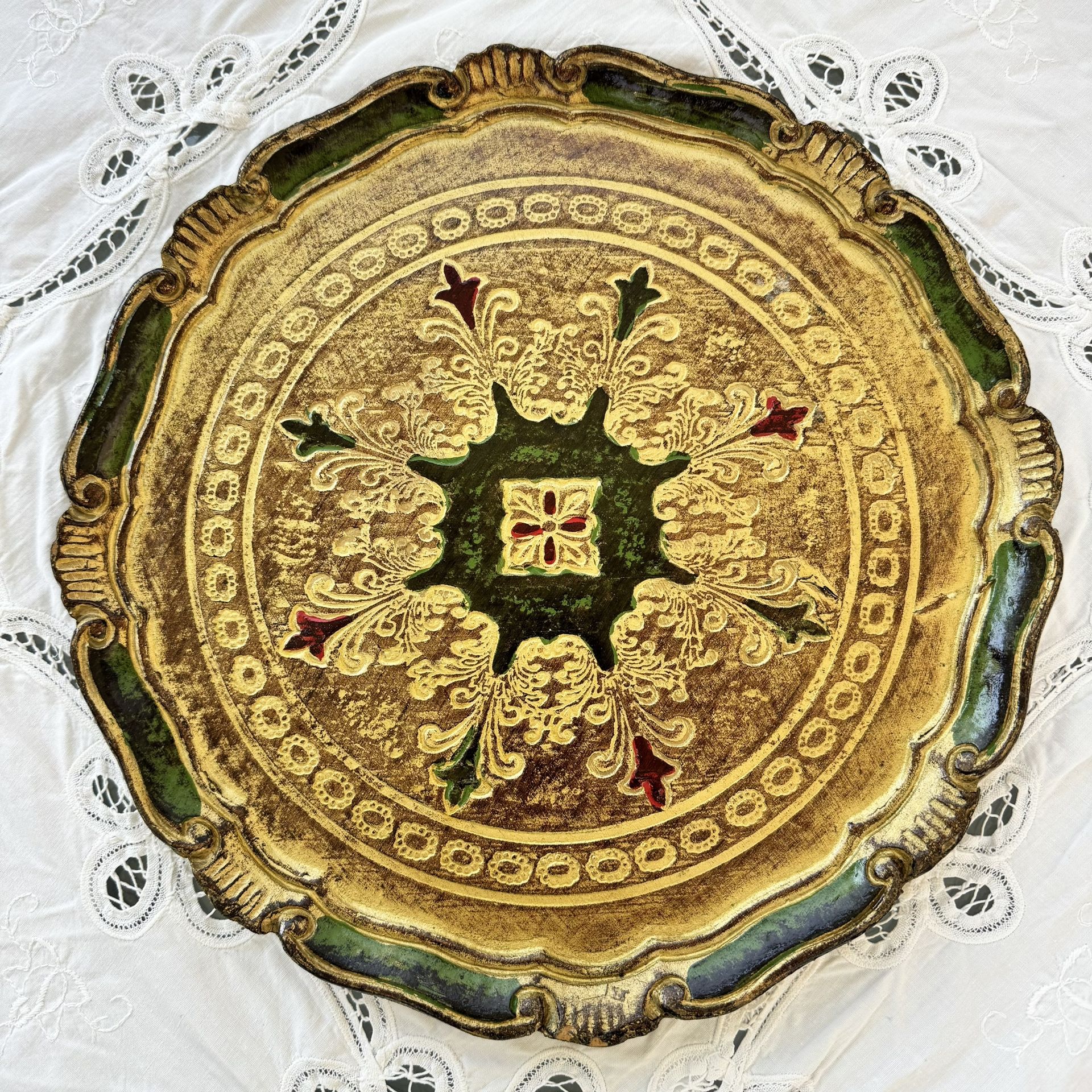 Vintage Florentia Italian Gold Gilt Wooden Serving Tray | Hand Painted Baroque Florentine Round 13” | Green & Red Accents | Made in Italy