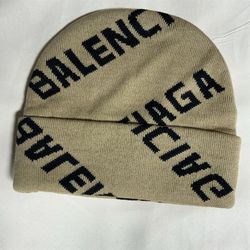 Balenciaga Beige Black Logo Knit Beanie Hat Men’s One Size Designer