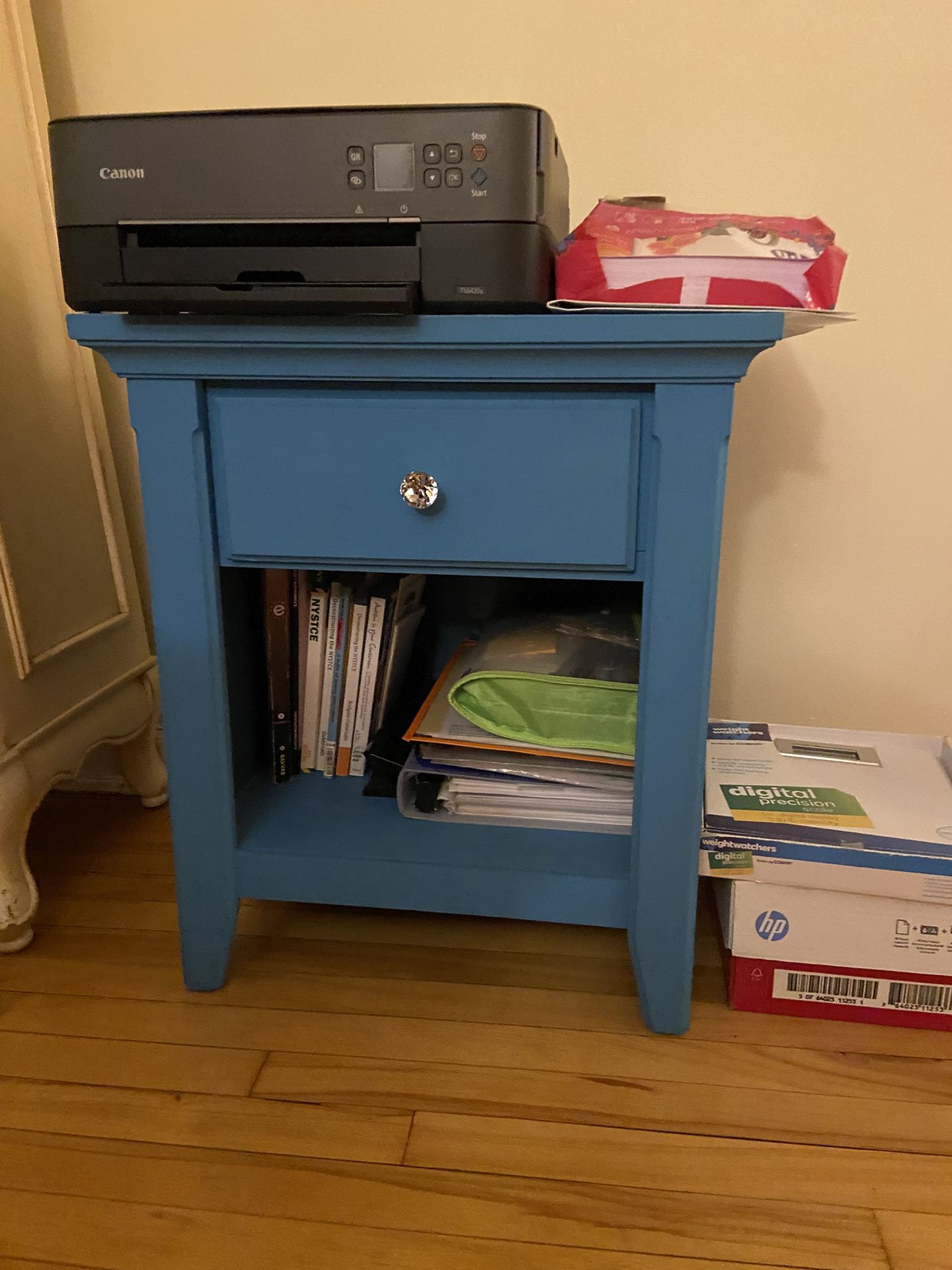 End Table Painted Teal Blue With Rhinestone Handle And 1 Draw