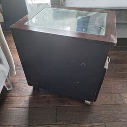 Glass Top Side Table With Drawer & Wheels