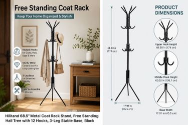 68.5” Freestanding Metal Coat Rack Stand Hall Tree with 12 Hooks Heavy Duty Hat Jacket Bag Organizer for Entryway Bedroom Office
