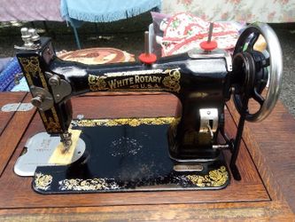 Antique White Rotary Treadle Sewing Machine with Cabinet