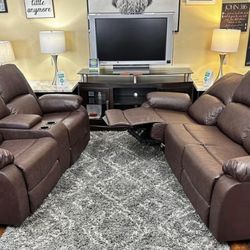 Brown Leather Fully Reclining Three Piece Couch Set
