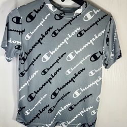 Champion Boys Gray Allover Logo Print T-Shirt Size M Short Sleeve