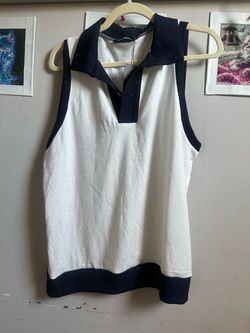 Sleeveless Polo Top White Navy Trim