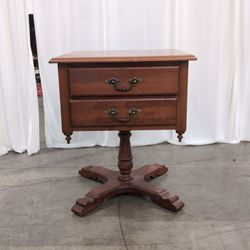 Brown Wood Two-Drawer Pedestal Nightstand with Metal Pulls