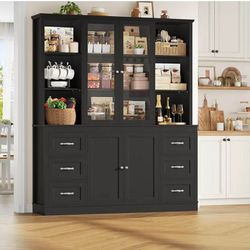 74.4''Hx63''W Large Pantry Cabinet for Food Storage, Kitchen Hutch Cabinet with Storage, Glass Doors Tall Wine Bar Cabinet, Large Bookcase with Drawer