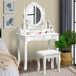 Makeup Vanity Table with Mirror and Stool, Girls Makeup Table with Round Mirror, 3 Drawers, Wood Legs, Cushioned Stool, Dressing Table Vanity Desk Set