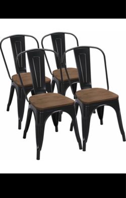 Black Metal Dining Chairs with Wood Seat Set of 4