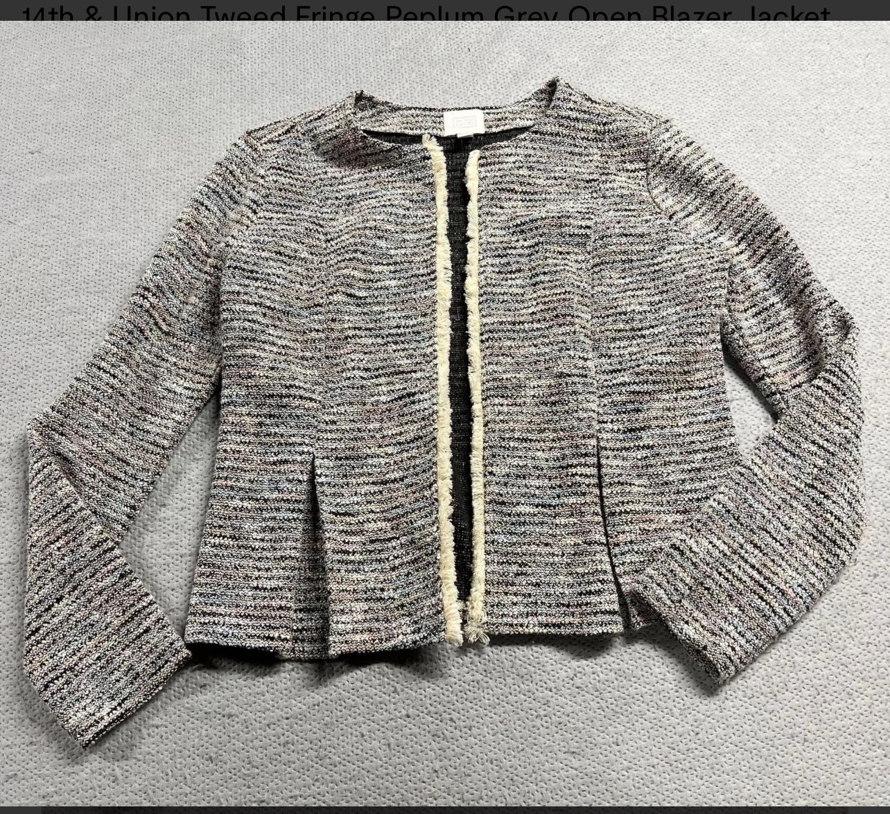 14th & Union Tweed Fringe Peplum Grey Open Blazer Jacket Size Medium