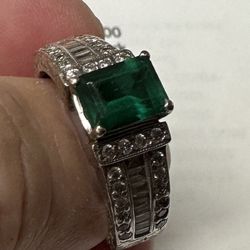 14K White Gold Stamped Lab Grown Emerald & Diamond Ring