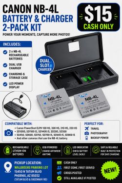 📷 Canon NB-4L Battery Kit – 2 Batteries & Dual USB Charger for PowerShot ELPH and SD Series Cameras (New)