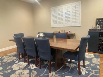 10 Piece Wooden Dining Set with 8 Blue Upholstered Chairs