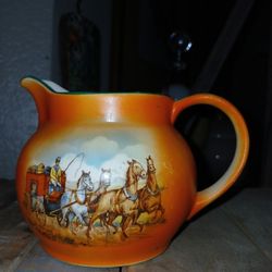 Antique Or Vintage Czech Pottery Ornage Handpainted Hunting Scene