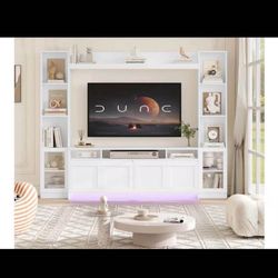 White White TV Stand Fits TV's up to 80 in. with Bookshelves, Tempered Glass Door and Adjustable Shelves $200