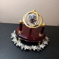 GORGEOUS Gyrosphere Crystal Globe Desk Decor in Brass & Mahogany Wood Base
