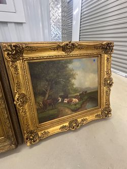 Vintage-Style Cattle Landscape Painting with Ornate Gold Frame