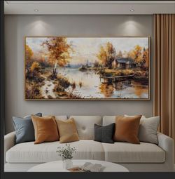 Canvas Wall Art For Living Room Wall Decor For Bedroom Office Wall Decoration Lakeside Cabins Autumn Landscape Painting Farmhouse Pictures Artwork Roo