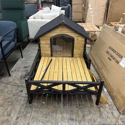Large Dog House Outdoor with Porch, Wooden Pet House with Water-Resistant Roof& Curtain, Durable Dog Kennel for Small Medium Dogs Cats, Raised Design,