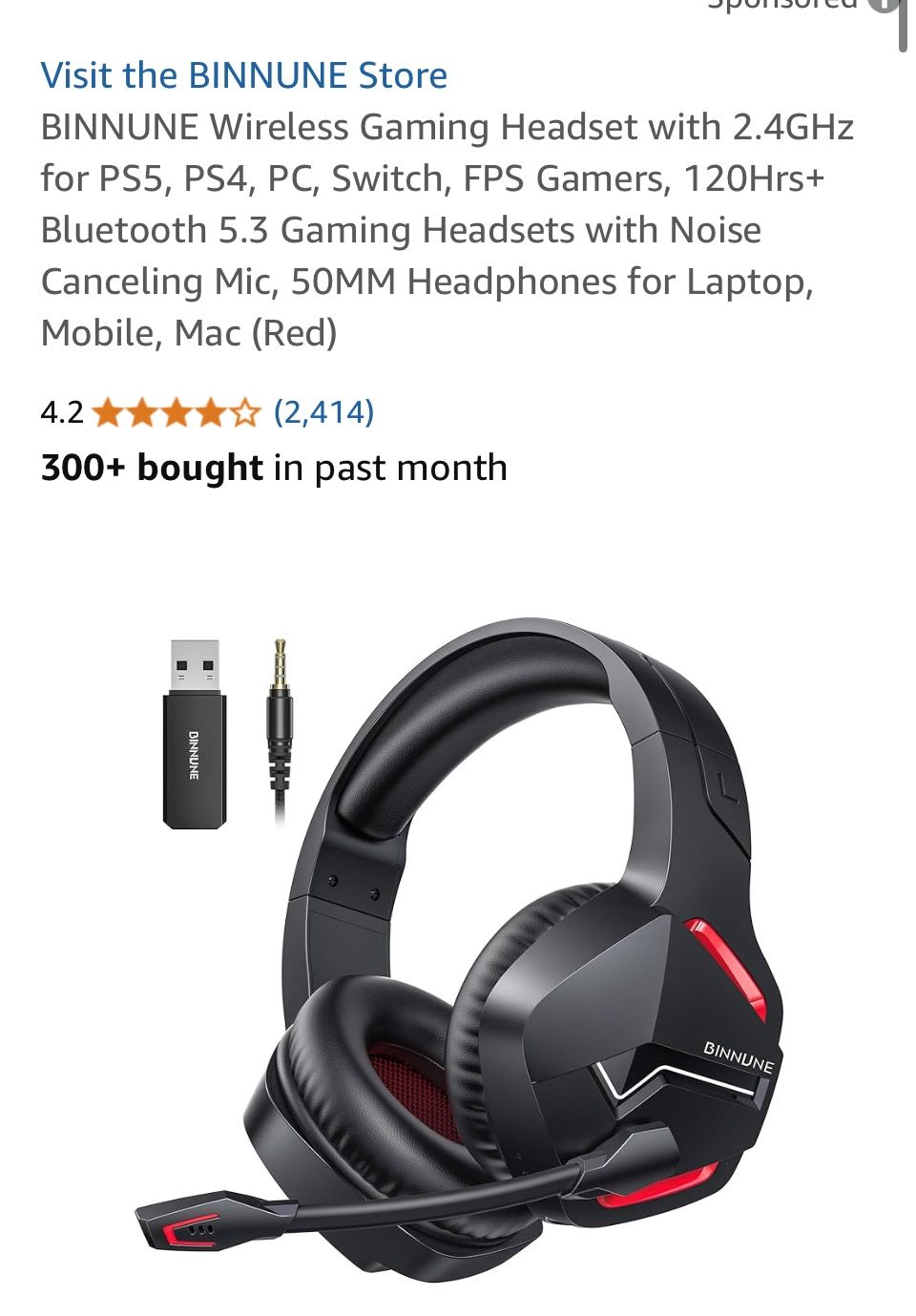 BINNUNE Wireless Gaming Headset With Microphone For PC PS4 PS5, 2.4G Wireless Bluetooth USB Gamer Headphones With Mic For Laptop Computer