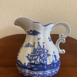 Andrea by Sadek blue & white pitcher - Made in Thailand about 7.25” tall x 7” long