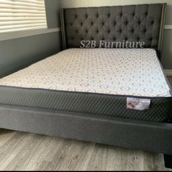Queen Grey Tufted Bed With Orthopedic Mattress 