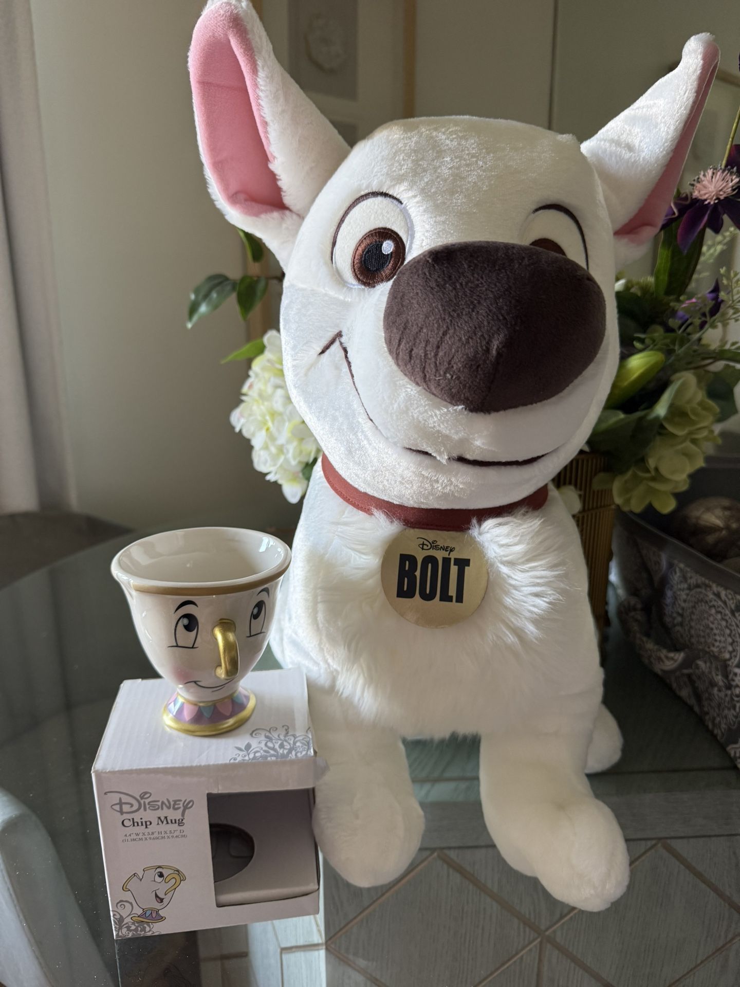 New! Disney World Large Plushy (Bolt) 19 Inch Tall And Disney Chip Mug! 