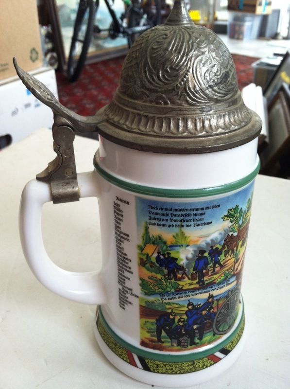 Vintage BMF German Milk Glass Beer Stein w/ Pewter Top