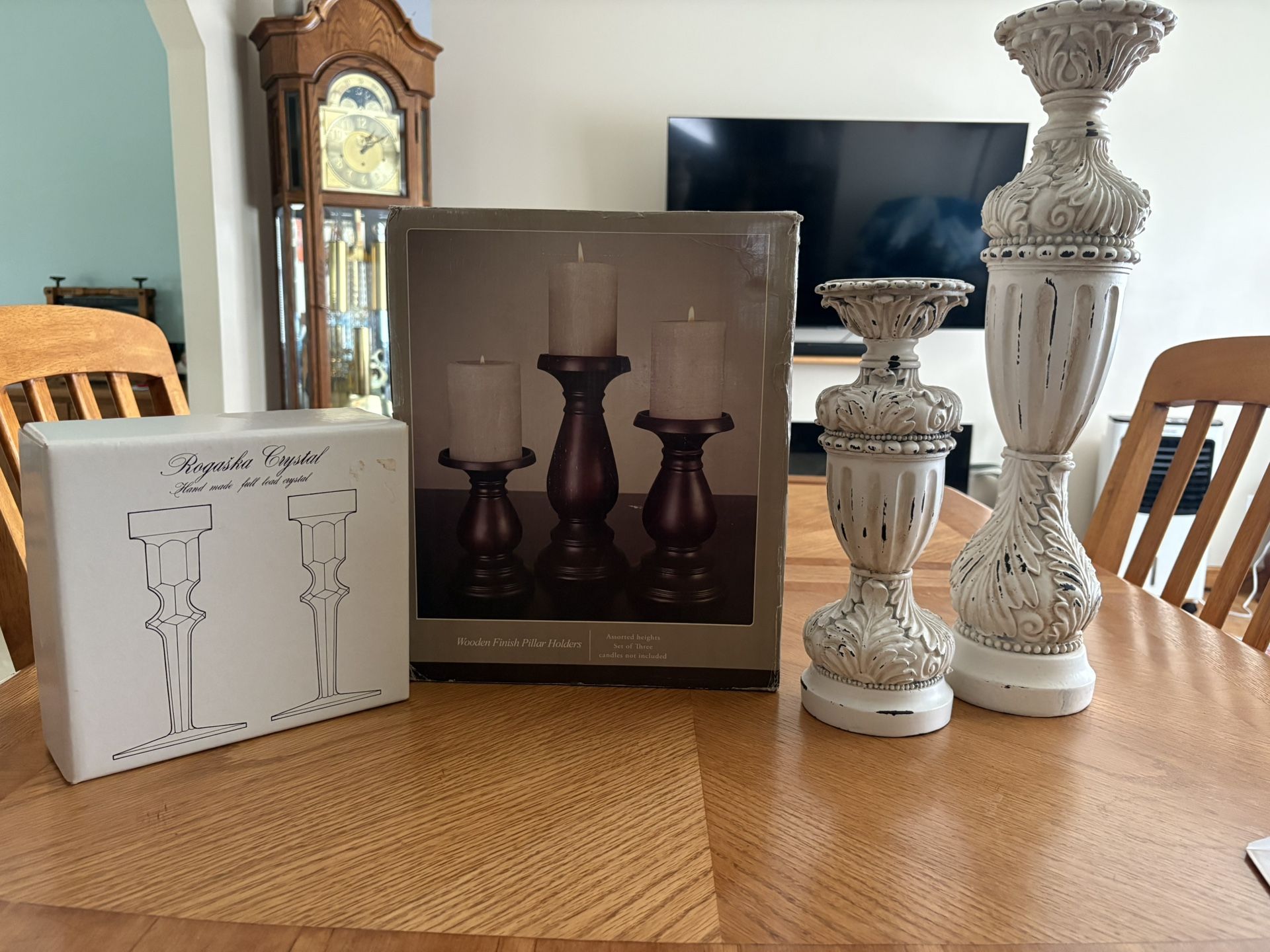 (New In Box) Crystal Candle stick holders, Wooden Finish Pillar Holders, & Used Set Pillar holders