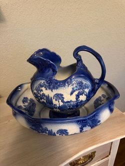 Vintage STAFFORDSHIRE England Ironstone “romantic “ Flow Blue Bowl and Picture