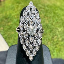 Art Deco Vintage 925 sterling silver 0.70CTW Natural Diamond & Round cut Navette ring sz 5.00