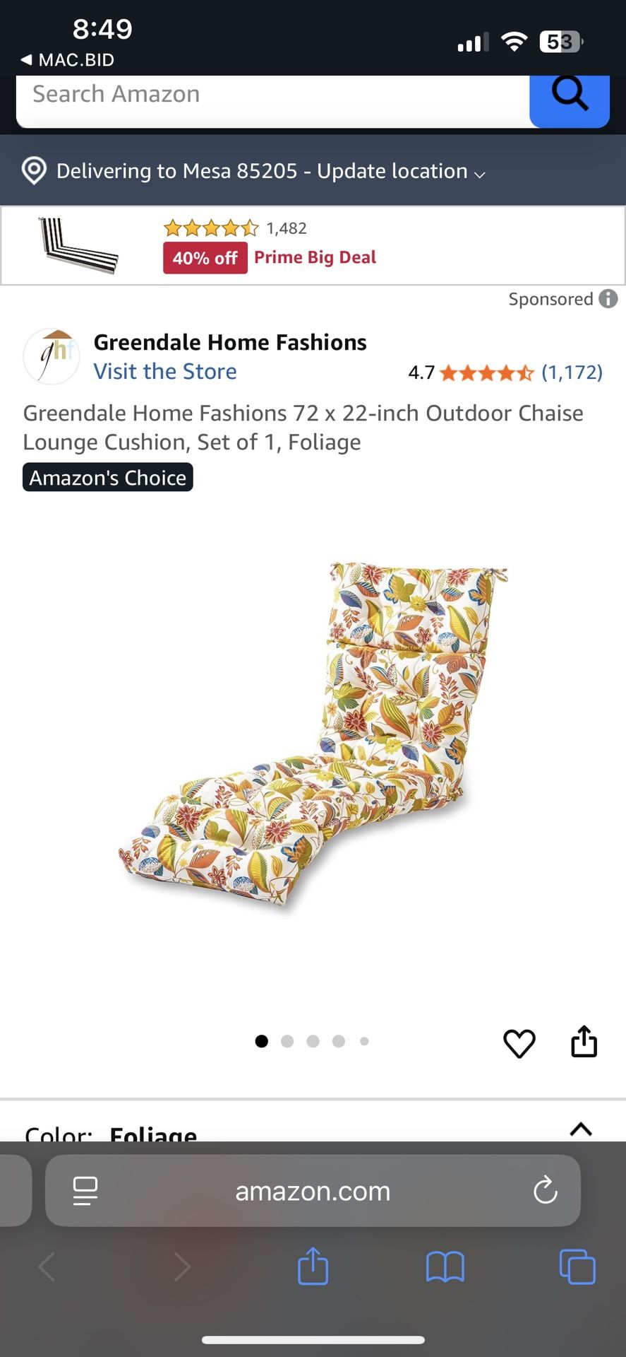 Greendale Home Fashions Outdoor Chaise Lounge Cushion