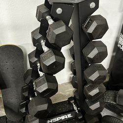 Inspire Fitness 210lb Rubber Hex Dumbbell Set with Rack
