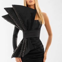 Short black slim-fit dress with one sleeve. Prom, Birthday, Cocktail 