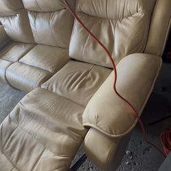 Automatic Tan Reclining Three Seater  Leather Couch, Headrest Move Forward And Back