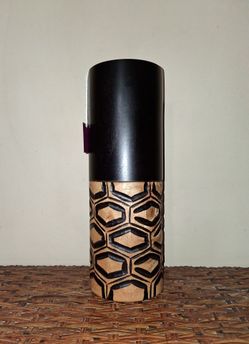 Hand-Carved Mango Wood Cylinder Vase made in Thailand, 15" Wooden Table Vase