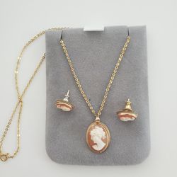 Cameo vintage Necklace & earrings 14k